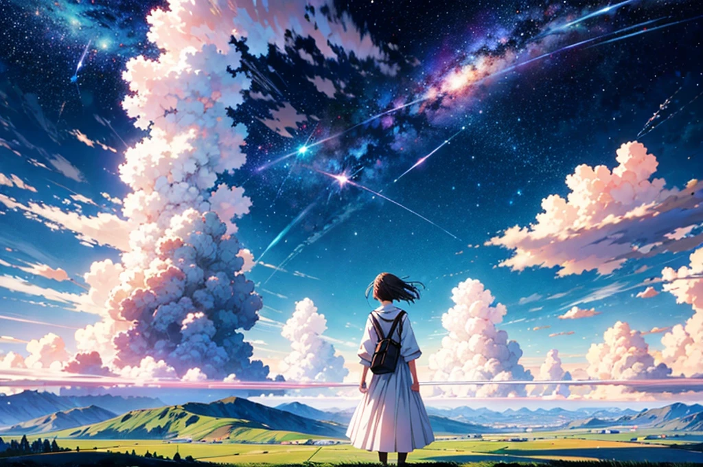 Absurd, High resolution, (Official Art, beautifully、aesthetic:1.2),One girl, (person in far distance), Bright Sky, A vast world, stare, Awe-inspiring expressions, Distant Horizon, cloud, High Hill, Natural Beauty, Inspiration, Night Sky, Shining Star