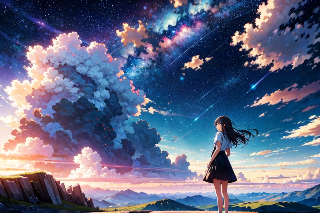 Absurd, High resolution, (Official Art, beautifully、aesthetic:1.2),One girl, (person in far distance), Bright Sky, A vast world, stare, Awe-inspiring expressions, Distant Horizon, cloud, High Hill, Natural Beauty, Inspiration, Night Sky, Shining Star