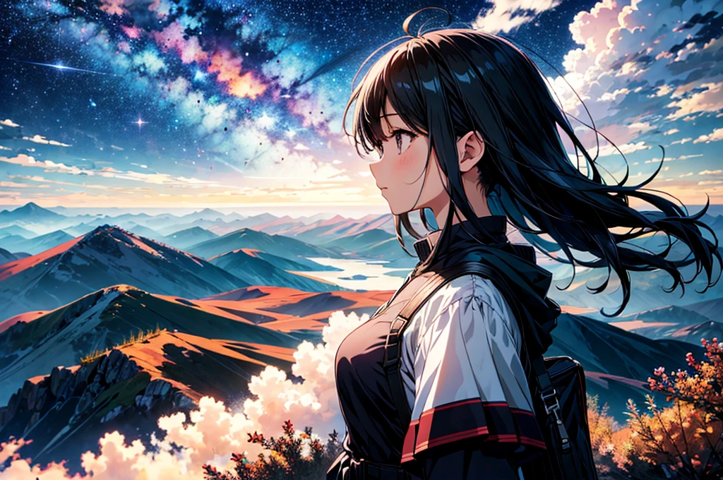 Absurd, High resolution, (Official Art, beautifully、aesthetic:1.2),One girl, (person in far distance), Bright Sky, A vast world, stare, Awe-inspiring expressions, Distant Horizon, cloud, High Hill, Natural Beauty, Inspiration, Night Sky, Shining Star