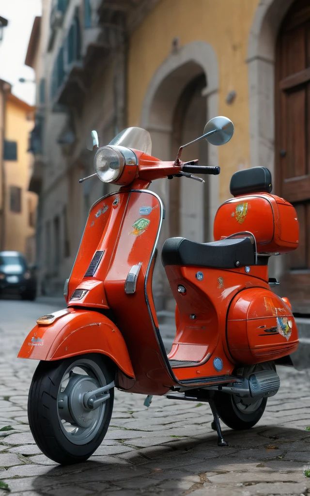 Scooter, piaggio, vespa by Richard Scarry, (best quality, masterpiece, Representative work, official art, Professional, Ultra intricate detailed, 8k:1.3)