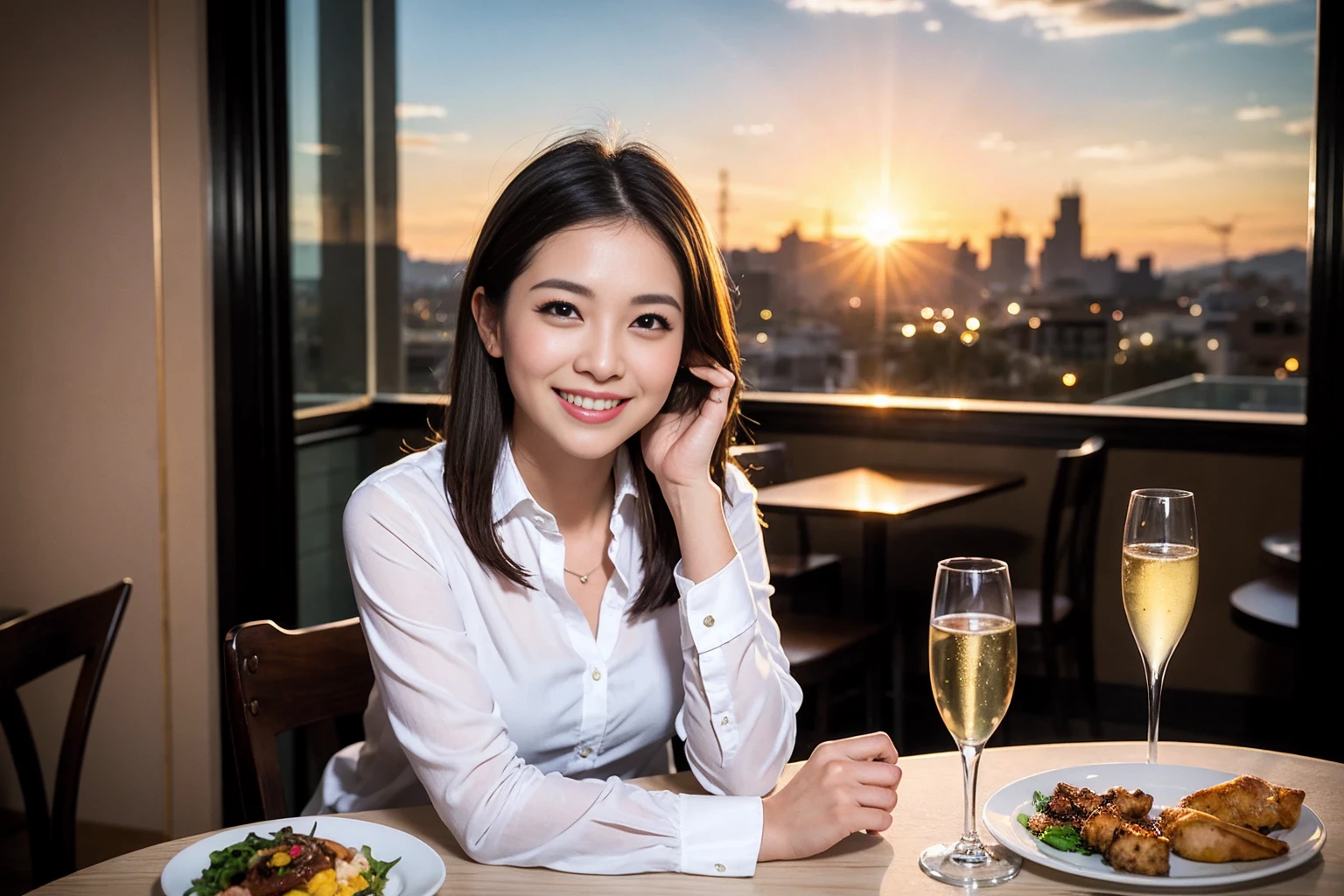 ((Highest quality、8k、masterpiece:1.3))、1 male、1 female、spouse、Beautiful couple、smile、full-course dinner、 (Slim face), (the body is スリム), (Brown Hair), (Shortcuts), ((Bob Hale、Straight hair:1.2)), テーブルの上のwine glass、Put the light on your face、 Amazing view of the sunset sky and clouds、smileの美しさ、Bright image、blush, Shortcuts, (Age 35), 39 years old, Appetizers、Italian food、Wine bottle、Champagne、sparkling wine、Long sleeve shirt、dress、Attractive beauty、restaurant, Nova Frog Style, actress, model, Upper Body, White wine, red wine, wine glass,