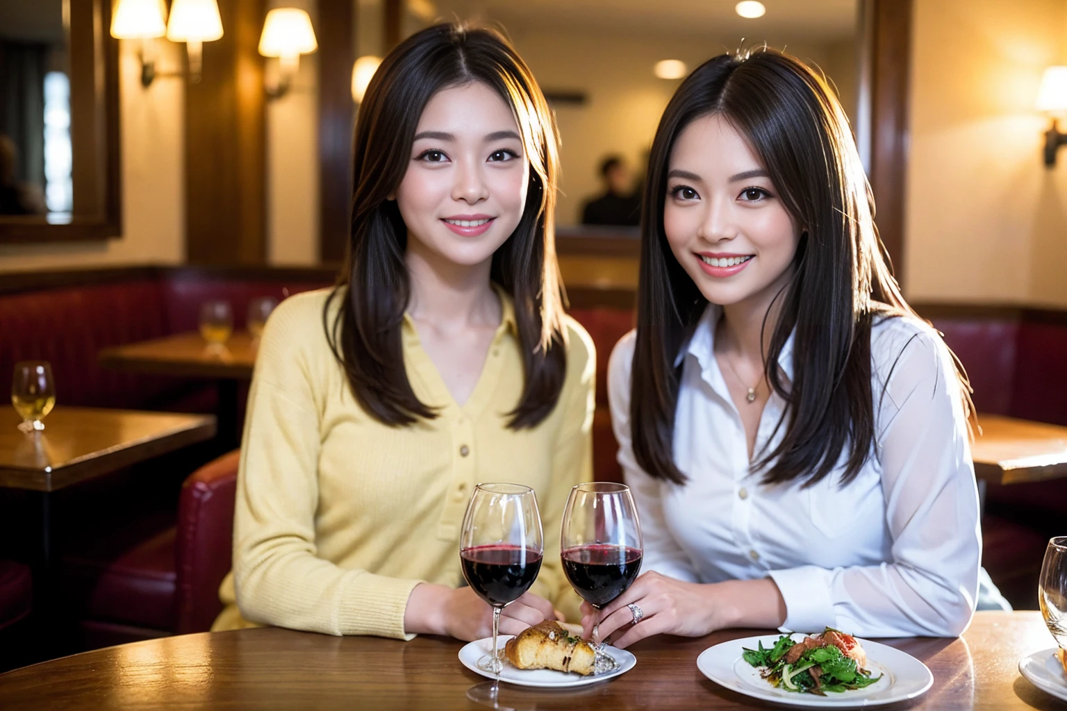 ((Highest quality、8K、masterpiece:1.3))、1 male 1 female、lover、Yoshino Kimura、Beautiful couple、Happy smile、full-course dinner、 (Slim face), (the body is スリム), (Brown Hair), (Shortcuts), ((Bob Hale、Straight hair:1.2)), テーブルの上のwine glass、Put the light on your face、 Amazing view of the sunset sky and clouds、The beauty of a smile、Bright image、Blushing, Shortcuts, (Age 35), 39 years old, Appetizers、Italian food、Wine bottle、Champagne、sparkling wine、Long sleeve shirt、dress、Attractive beauty、restaurant, Nova Frog Style, actress, model, Upper Body, White wine, red wine, wine glass,