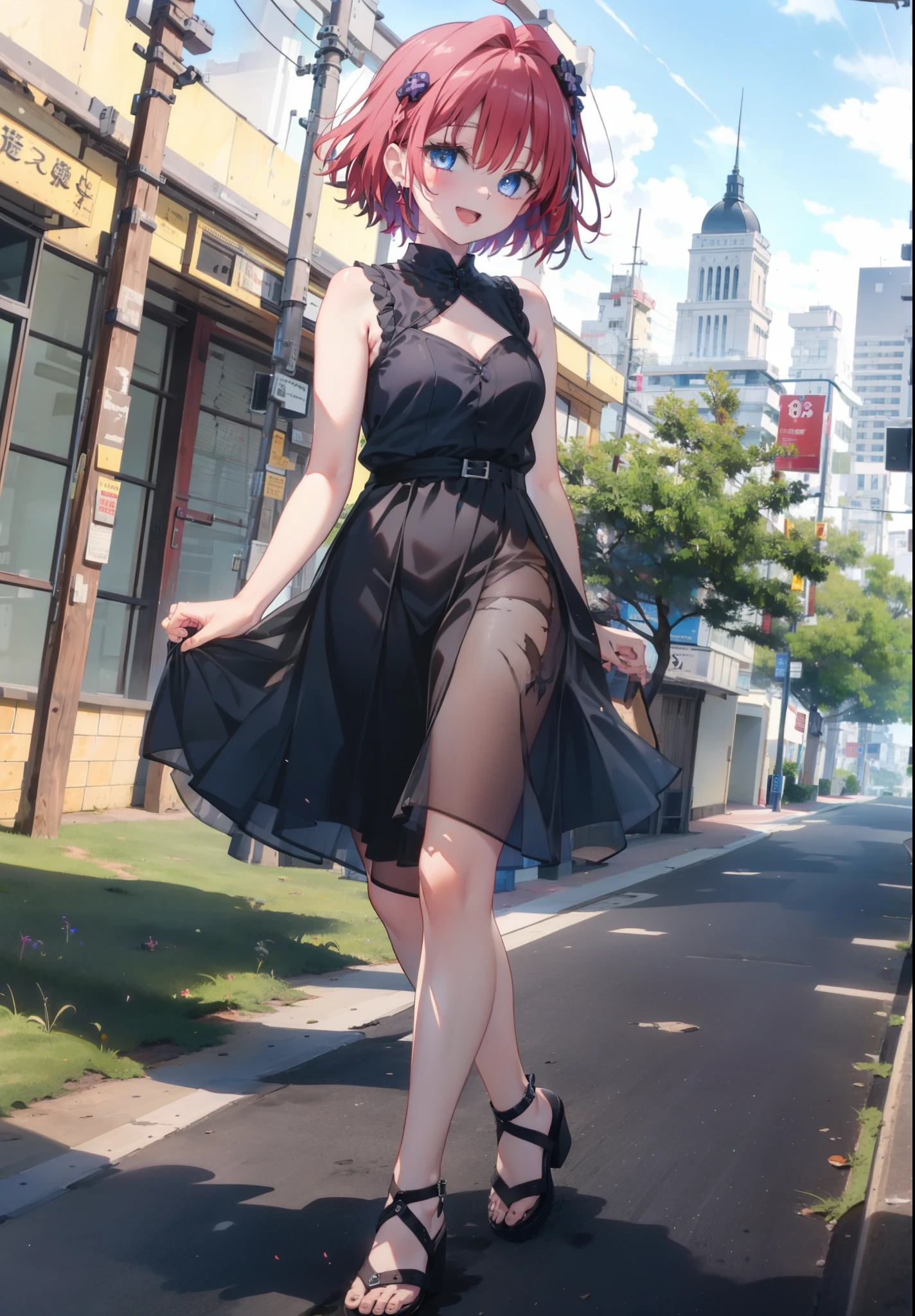 ((best quality)), ((highly detailed)), masterpiece, absurdres, (detailed eyes, deep eyes), <lora:more_details:.5>, (1girl), full body, ((wide shot)), <lora:hairdetailer:1>, <lora:Shiny_Chariot:.8> shch, red hair, short hair, red eyes, white pupils, smiling, bare foot, (outside, at a resort, morning)