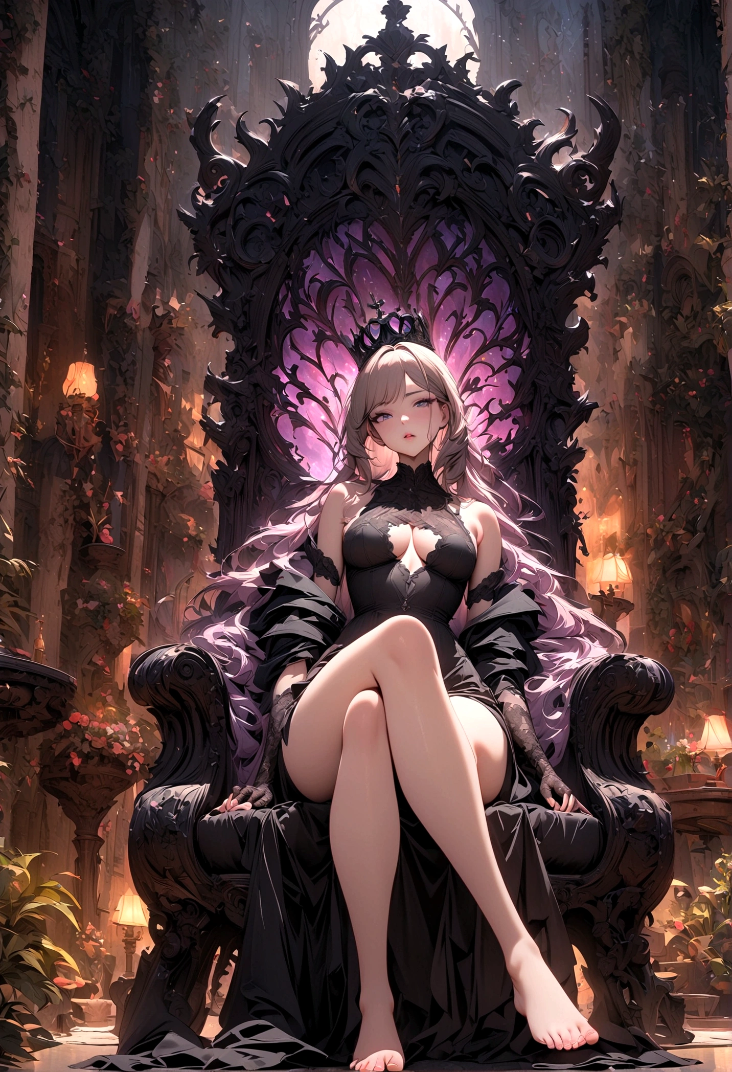 ((Masterpiece, top quality, high resolution)), ((highly detailed CG unified 8K wallpaper)), (huge stunning goddess shot, very hot and sexy, jaw-dropping beauty, perfect proportions, beautiful body, slim body beauty:1.1), A young queen sitting on the Iron Throne, beautiful face showing hard will, braided silver hair, black crown on her head, black dress, cross-legged, bare shoulders, lace gloves, bare feet, particles of majestic light in the air, a scene from a movie, a stately atmosphere, View from below,