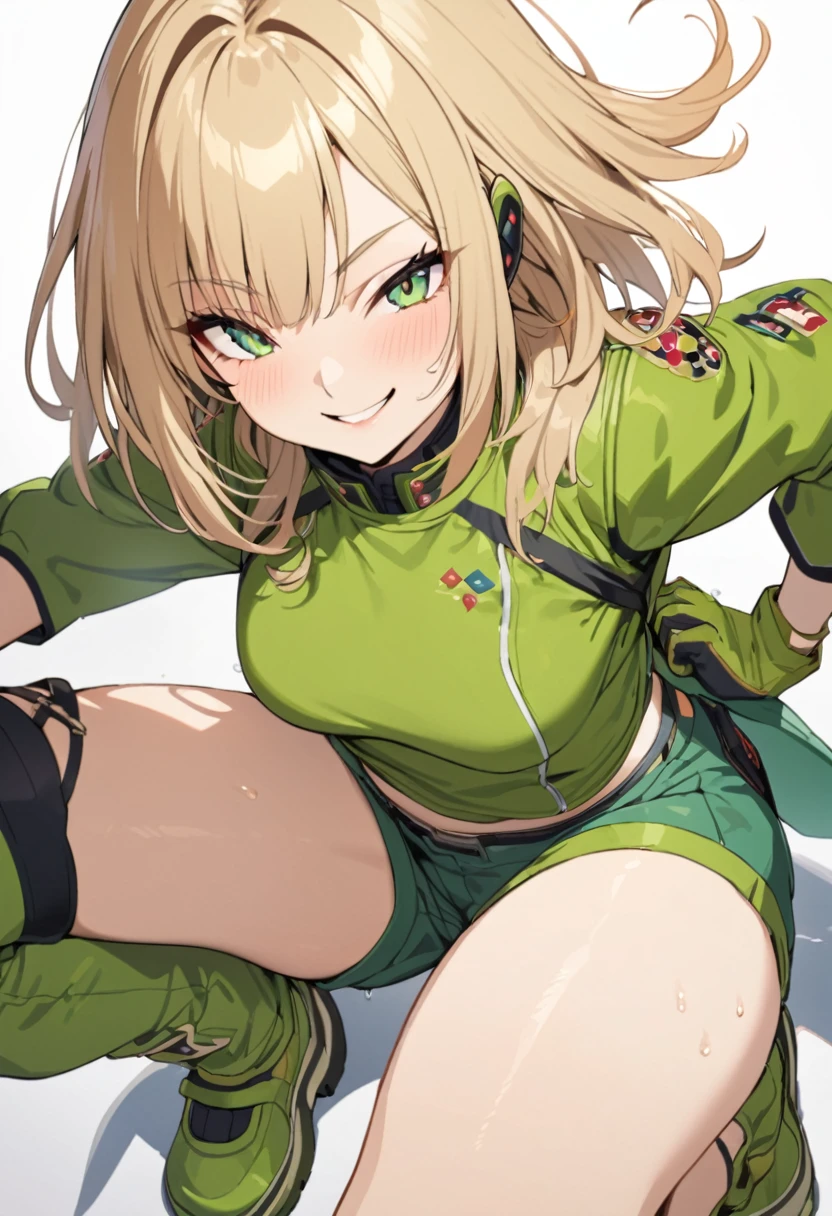 ,One girl,smile, View your viewers,  masterpiece,Highest quality,Konam,green jacket, gloves, green shorts,green footwear,cyclone \(for once\)