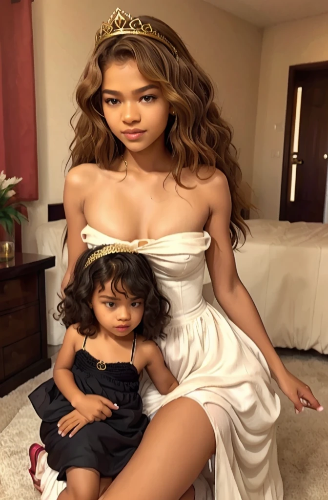 black queen with daughter, queen like Zendaya, (zendaya adulte with daughter), curly hair, African queen with long curly hair, daughter has blond curly hair, cute hairstyle, sheer luxury dress, queen crowned, princess crowned, risqué, sensual
