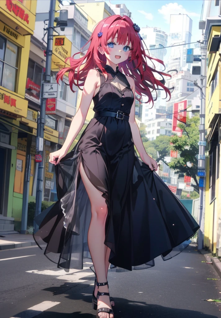 (masterpiece, Highest quality:1.2),shape,8K,High resolution,Say something happy smile, smile, Open your mouth,,Redhead,Long Hair,Purple eyes,1 Girl,sleeveless black dress,Bare arms,Black long skirt,Cute Sandals,walking,Daytime,Clear skies,
break looking at viewer,whole body,
break outdoors, Coastal Road,
break (masterpiece:1.2), Highest quality, High resolution, ユニティ 8K 壁紙, (shape:0.8), (Beautiful and beautiful eyes:1.6), Highly detailed face, Perfect lighting, Highly detailed CG, (Perfect hands, Perfect Anatomy),