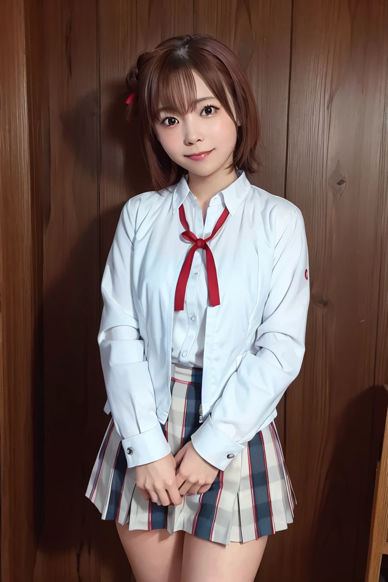 Highest quality, masterpiece, High resolution, One girl, Yuigahama Yui, , Knitted Skirt, short hair, Red ribbon, White shirt, Black jacket, Big Breasts, Are standing, smile, Education