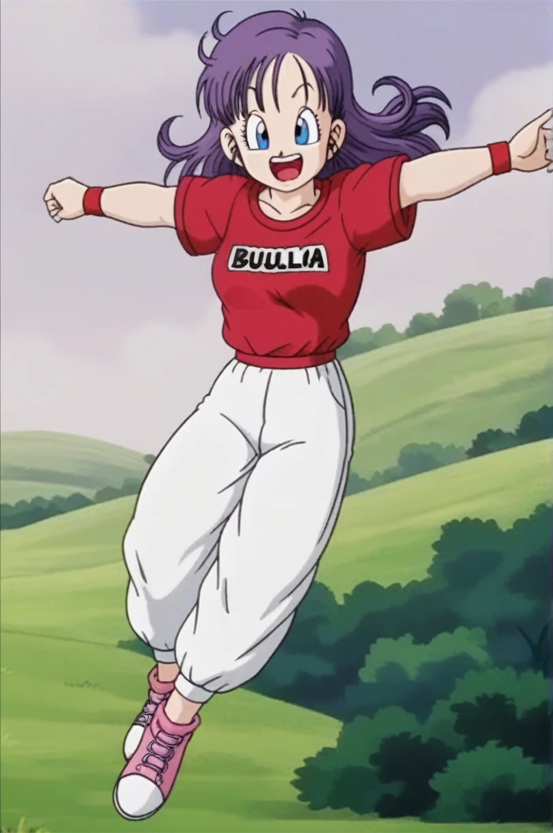 sauce_anime, score_9, score_8_superior, score_7_superior, anime screencap, Bloomers \(Dragon Ball\), One girl, alone, View your viewers, smile, Open your mouth, Brown eyes, Field, Outstretched Hand, leg superior, whole body, Outdoor, null, shoes, Baggy pants, Outstretched arms, Day, shoes下, cloud, blue null, Long shirt, Short-sleeved shirt, Purple Hair, one side superior, Wristband, sneakers, Pink footwear, purple shoes下, arm superior, clavicle, Eyebrow, eyelash, Jumping, nail, Semi-long hair, Look to the side, Clenched hands, raised Eyebrow, 中null, tongue, teeth