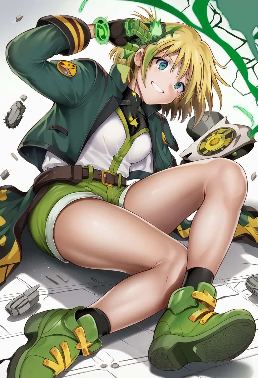 ,One girl,smile, View your viewers,  masterpiece,Highest quality,Konam,green jacket, gloves, green shorts,green footwear,blond hair,(cyclone \(for once\))