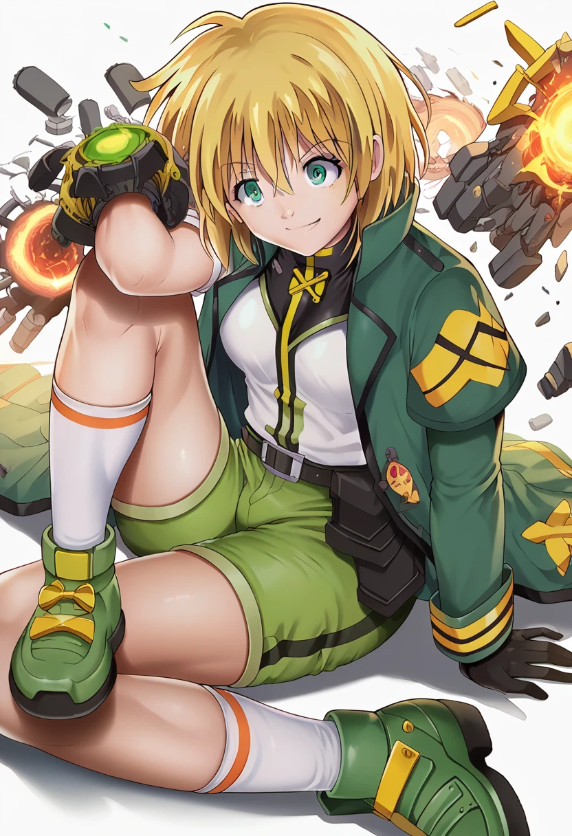 ,One girl,smile, View your viewers,  masterpiece,Highest quality,Konam,green jacket, gloves, green shorts,green footwear,blond hair,(cyclone \(for once\))