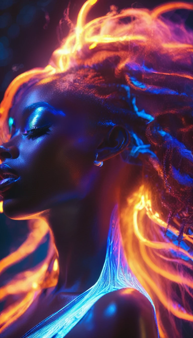 a beautiful black woman, bioluminescent skin, dreamlike expression, ethereal glowing aura, mystical energy, introspective pose, flowing hair, dramatic lighting, surreal landscape, vibrant colors, intricate details, cinematic composition, digital art, octane render