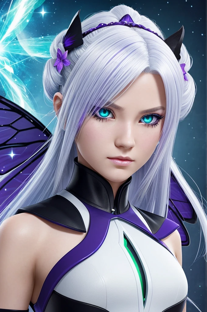 You can create a female genshin impact character with cryo vision, your hair be white and long, who has a green butterfly clip in her hair, May her eyes be blue with stars and may her dress be black and purple.