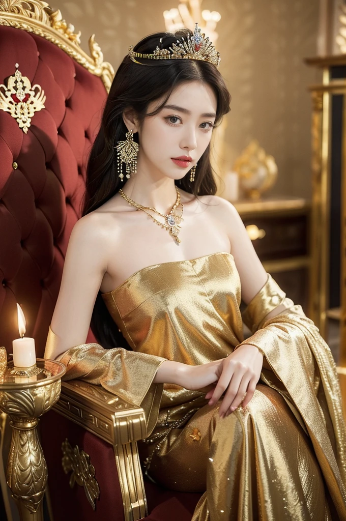 (((best quality))),(((ultra detailed))),(((masterpiece))),illustration,1 girl,solo,slim,thin,shoulder length straight bob hair,earrings,necklace,small breasts,flat chest,Asian appearance,princess,royal,Chinese palace,night scene,magnificent dragon gown,golden crown,intricate embroidery,luxurious fabric,precious stones,(sitting on the metallic throne:1.3),decorative patterns,rich decorations,luxurious furnishings,regal charm,beautiful face,gentle smile,bright eyes,historical,traditional,city lights,modernity,frozen moment,beauty of the past,evolution of time,from front,upper body,
