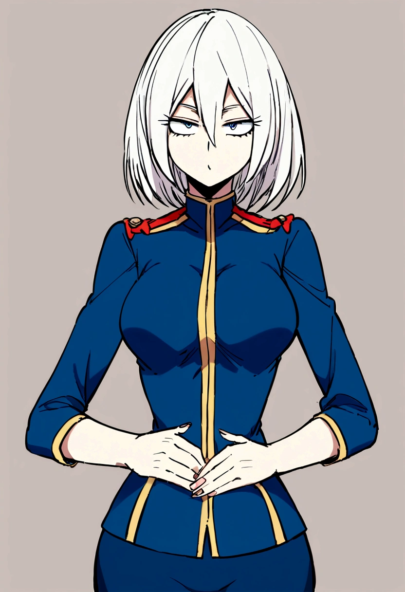 A girl with blue, slanted eyes, She has soft lips and long white hair that reaches her hips., From there never comes a red strand. His skin is pale in addition to having a tender and friendly look., social. Her body is pear-shaped so she doesn't have as much chest but she does have hips.. He wears the UA uniform from Boku no Hero Academia since he studies at that anime school., It's anime style.