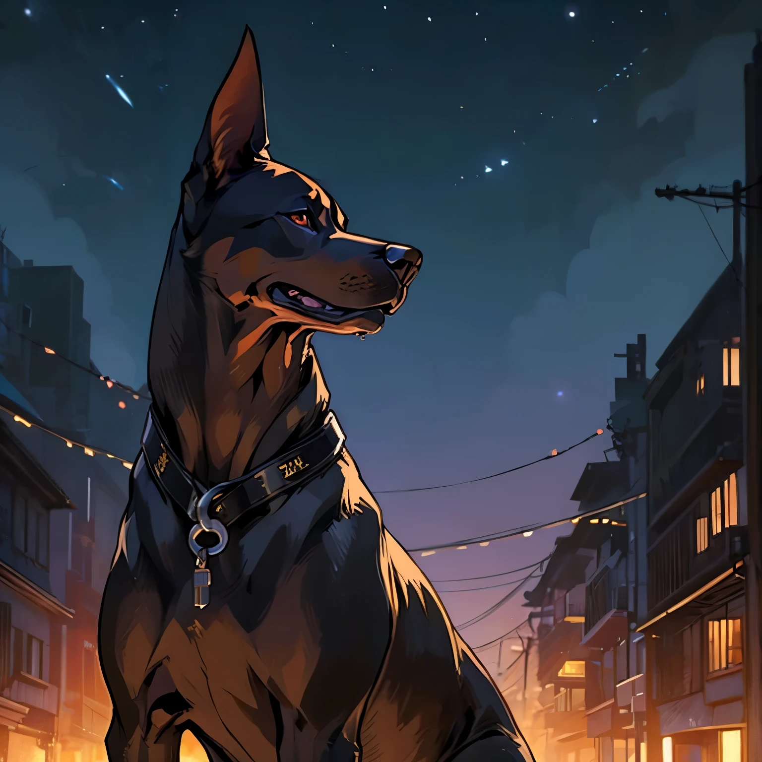 feral dog, doberman, female, canine pussy, anus, K9, on the street, night, moon, neon city