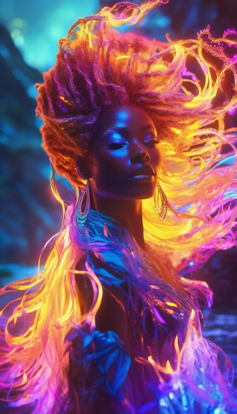 a beautiful black woman, bioluminescent skin, dreamlike expression, ethereal glowing aura, mystical energy, introspective pose, flowing hair, dramatic lighting, surreal landscape, vibrant colors, intricate details, cinematic composition, digital art, octane render