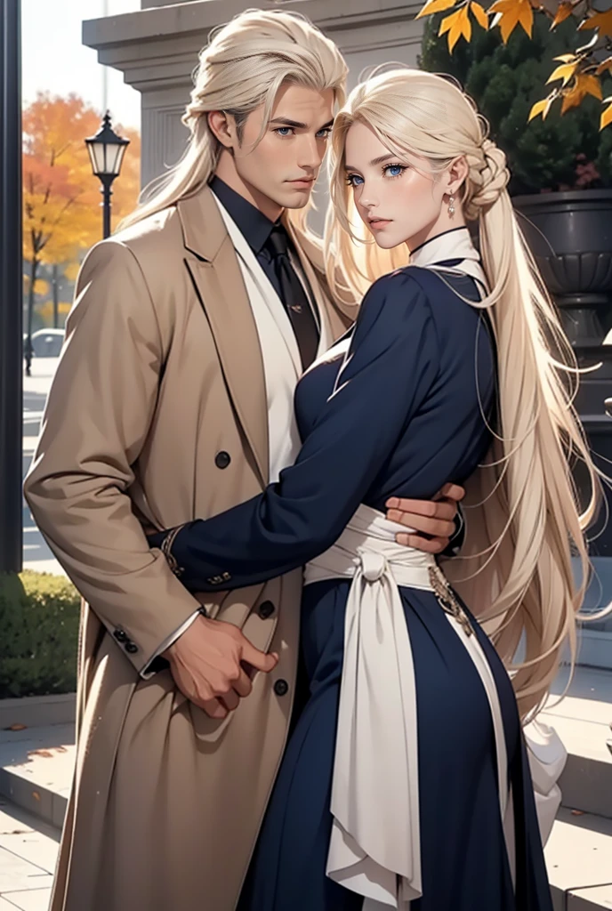 Tall, handsome, athletic, masculine, statuesque, young man-platinum blonde with blue eyes, tanned skin, long straight platinum hair, long bangs, he is wearing an expensive brand suit, cashmere brown coat, he hugs an incredibly beautiful young femme fatale blonde with long golden hair tied with a scarlet ribbon, She has blue eyes, long bangs, she is wearing an autumn dress, a pink coat. Romance. Park, sun, pond, love. They're holding hands. full-length image.