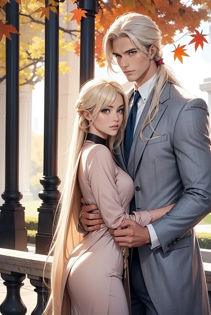 Tall, handsome, athletic, masculine, statuesque, young man-platinum blonde with blue eyes, tanned skin, long straight platinum hair, long bangs, he is wearing an expensive brand suit, cashmere brown coat, he hugs an incredibly beautiful young femme fatale blonde with long golden hair tied with a scarlet ribbon, She has blue eyes, long bangs, an autumn print dress, a pink coat. Romance. Park, sun, pond, love. They're holding hands. full-length image.