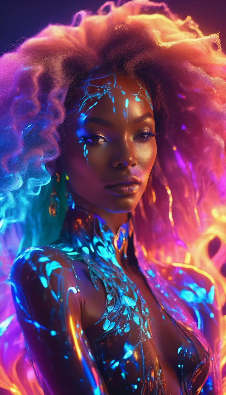 a beautiful black woman, bioluminescent skin, dreamlike expression, ethereal glowing aura, mystical energy, introspective pose, flowing hair, dramatic lighting, surreal landscape, vibrant colors, intricate details, cinematic composition, digital art, octane render