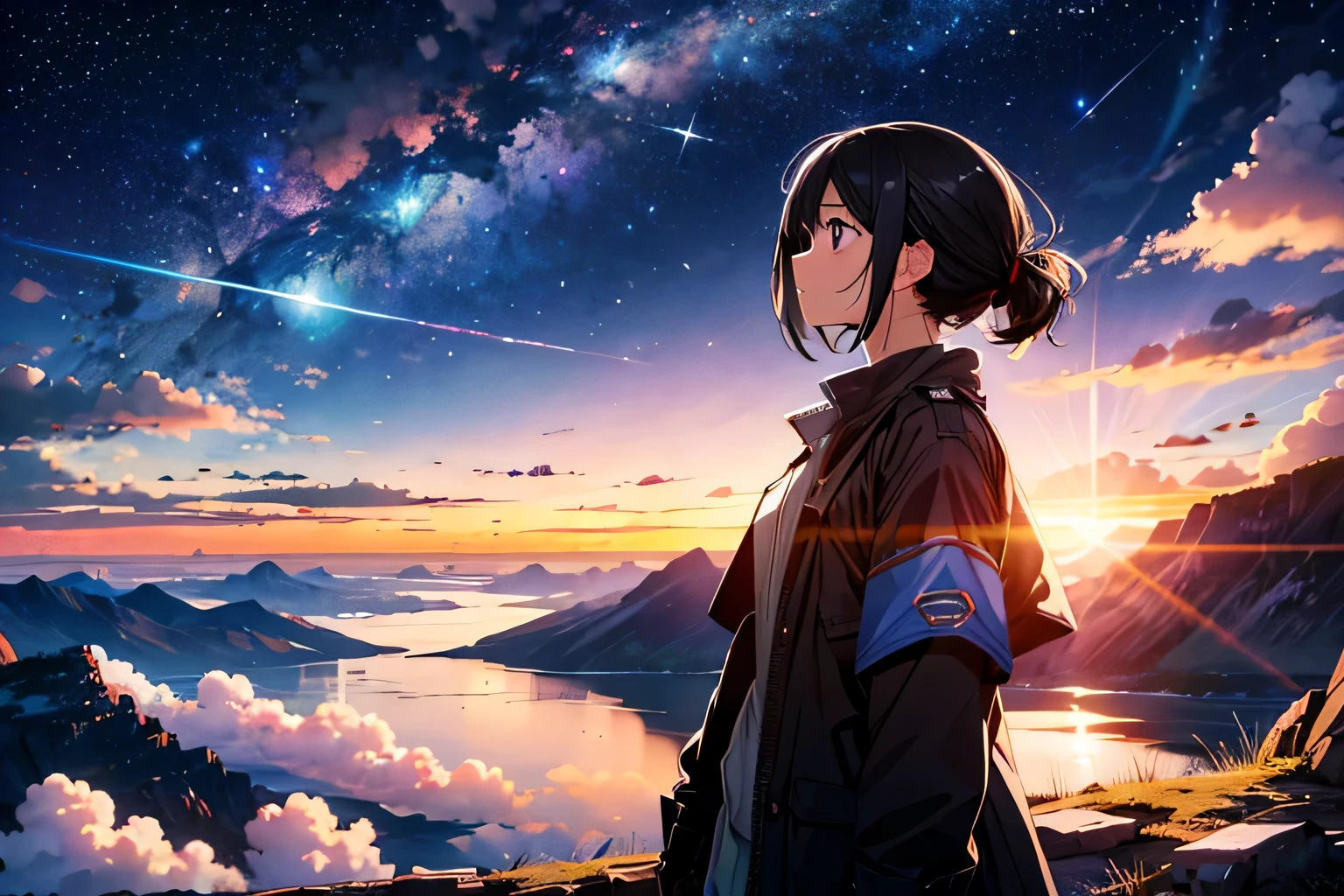 Absurd, High resolution, (Official Art, beautifully、aesthetic:1.2),One girl, person in far distance, Bright Sky, A vast world, stare, Awe-inspiring expressions, Distant Horizon, cloud, High Hill, Natural Beauty, Inspiration, Night Sky, Shining Star