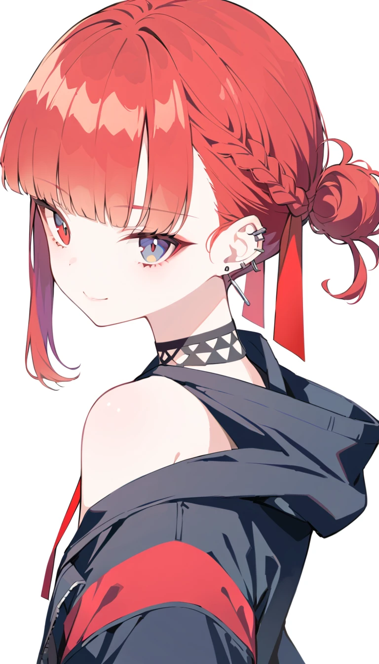 an anime character with hair tied back is standing with red eyes looking at the camera, 1girl, solo, red nails, red hair, jacket, smile, looking at viewer, white background, upper body, black jacket, jewelry, earrings, piercing, nail polish, long sleeves, simple background, hood, bangs, braid, short hair, ear piercing, off shoulder, closed mouth, grey eyes