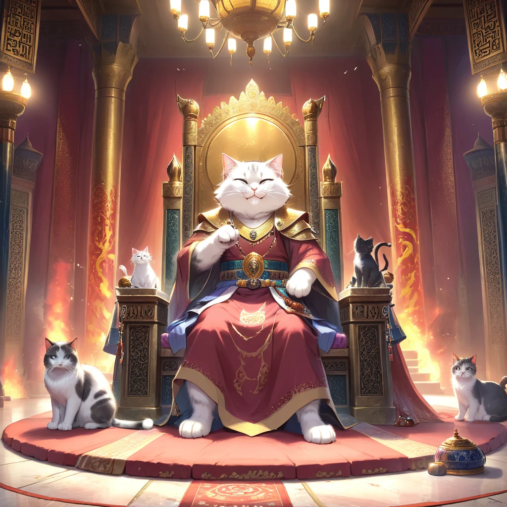 {{masterpiece、Highest quality、(((Realistic、Realistic:1.37)))、8K quality、Very delicate and beautiful、wonderful、Large file size、Very detailed、Very detailed、Cinema Lighting}}、An empty, exquisitely decorated throne, A palace made of cut stone, A room lit by flickering torches, A cat yawning while sitting on a throne,A comically open-mouthed cat face, Sitting on the throne as if power is of no concern to him,((One beautiful cat)), ((Beautiful Eyes)), (background: Countless swords displayed on the wall, All facing the same direction, Different types of swords, Several female attendants, Woman in beautiful arabic costume, Standing next to the throne, he looks at the cat and laughs or looks annoyed.),