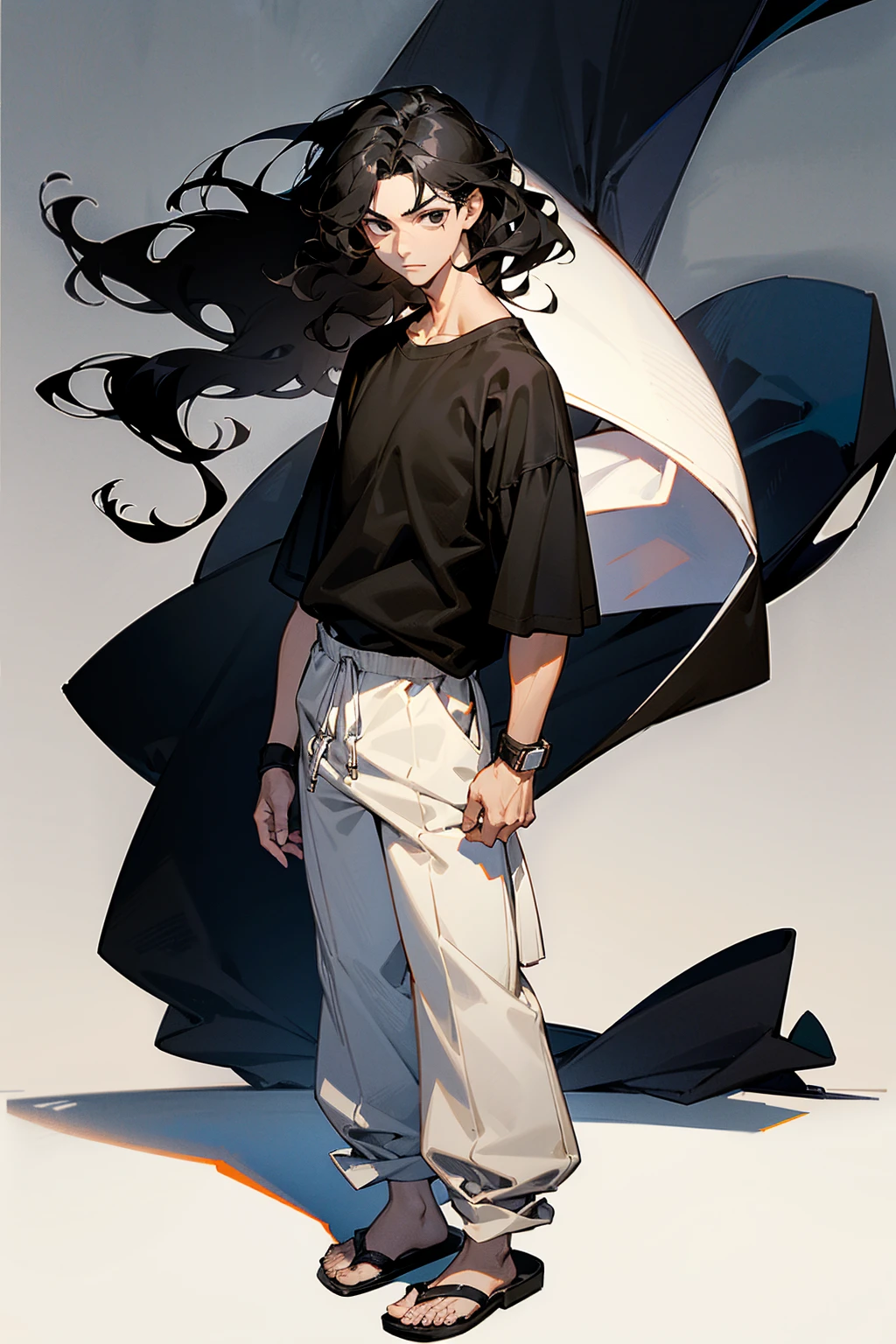 1male , Young Male , Wavy Hair , Black Hair , Black Eyes , Serious Expression , Black Wristbands , Baggy White Pants , Sandals , Black Baggy Shirt , Muscular, Modern City Background , Standing on sidewalk