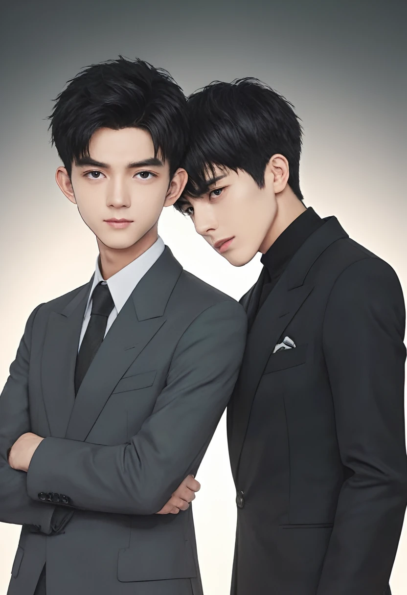 2boy, focus man, boy, Yaoi, An approaching kiss., cinema, stage, shorts, short hair, black hair, dark color, green eyes, mafia boss, black circle hair, gray eyes, rich black suit, simple background, ธีมdark color, The best aesthetics