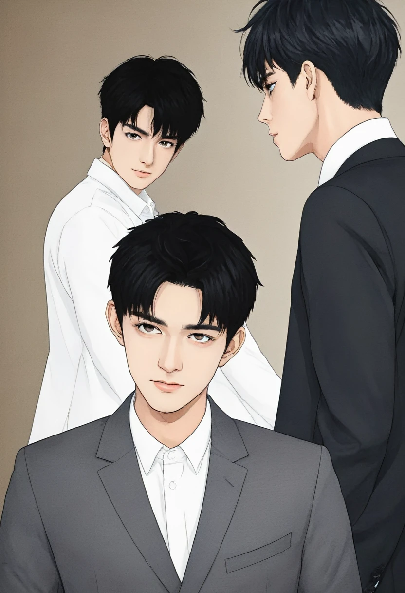 2boy, focus man, boy, Yaoi, An approaching kiss., cinema, stage, shorts, short hair, black hair, dark color, green eyes, mafia boss, black circle hair, gray eyes, rich black suit, simple background, ธีมdark color, The best aesthetics