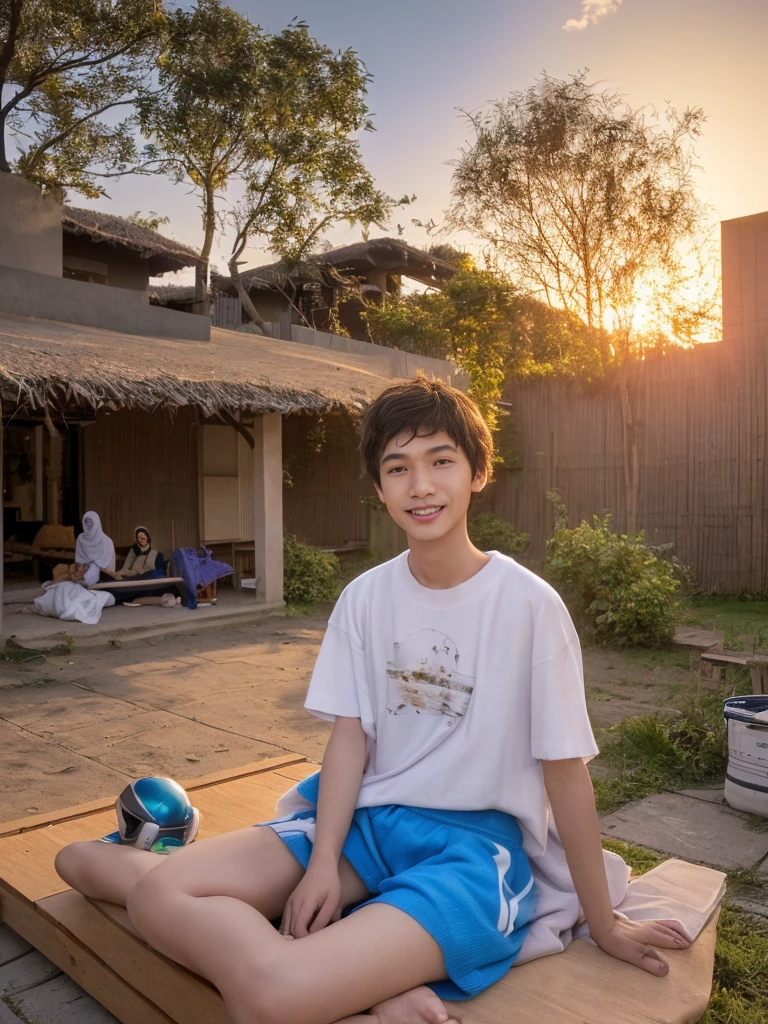 a man, clean face, short hair neatly parted at the side, wearing a t-shirt and wadimor sarong
a beautiful woman, wearing a sweater and hijab
a boy, five years old, wearing a t-shirt and shorts, his hair is short
they are all sitting relaxed in a bale outside the house, everyone is smiling, the background is a high resolution atmosphere, imagination, (realistic), clear sky, composition, sunset, (hdr:1.5), outdoors, complicated,