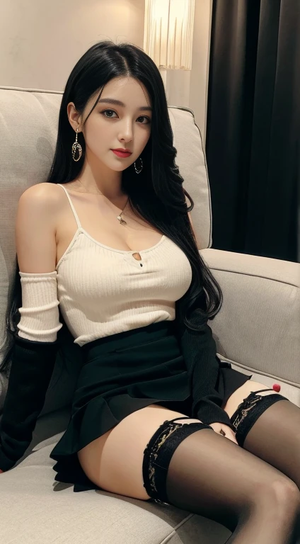 32k,8K,Highest quality、Luxury Hotel Lounge、Beautiful woman、Less exposed skin、Your thighs look 10cm bigger、Black long hair、Sitting on the sofa、Traditional all-black suit、Black mini skirt 30cm above the knee、Sensual facial features、A little bit of her white panties are visible、Black stockings with black garter belt、She is wearing 15cm black high heels
