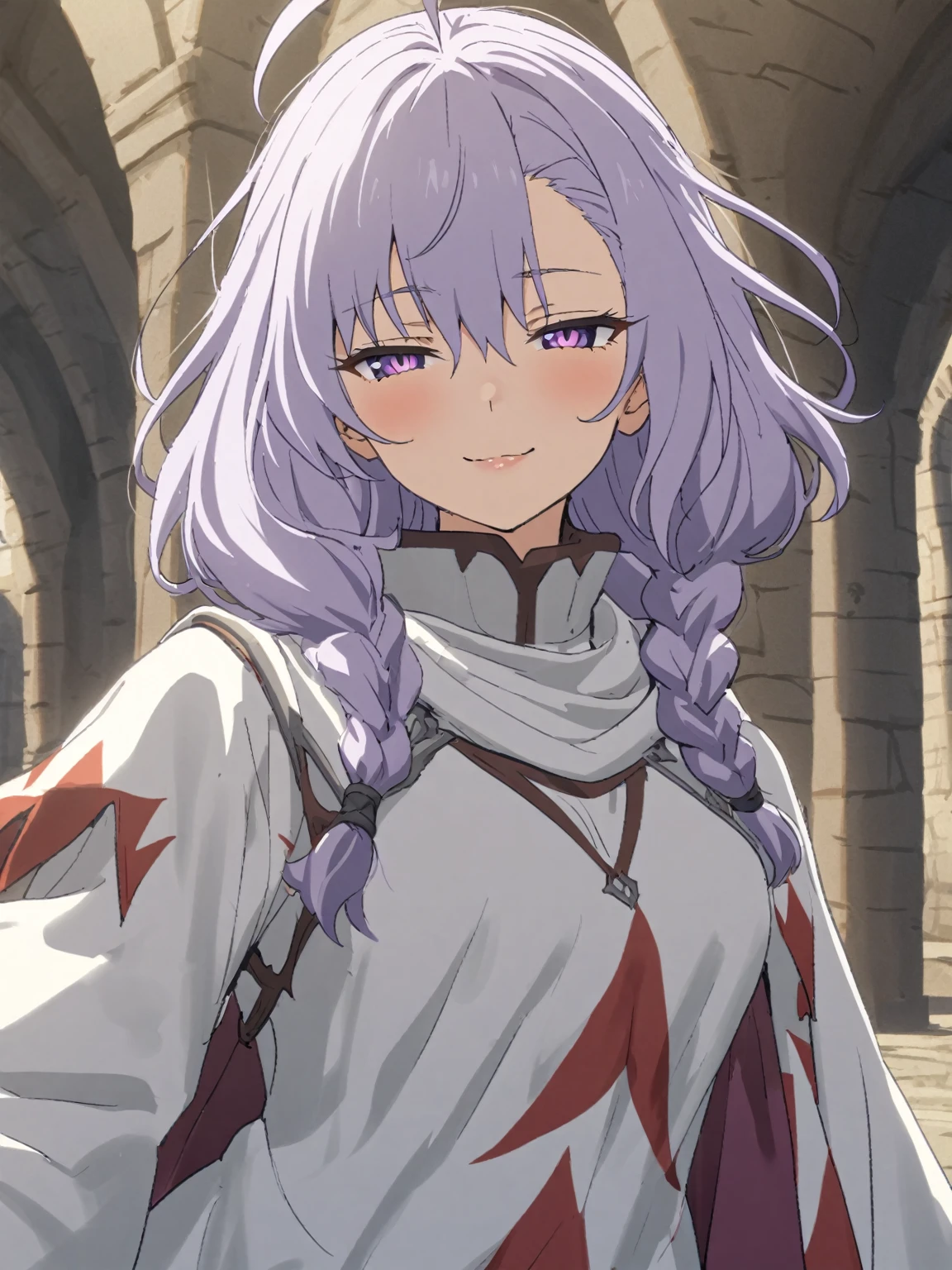 {{upper body}} {{Artist: sincos}} 1girl, solo, lavender hair, purple eyes, medium hair, purple cape, white robe, intrincate detail, medium breasts, smile, half-closed eyes, tsurime, white mage, baggy clothes, long sleeves, hair between eyes, asymmetrical bangs, white turtleneck, sharp pupils, ahoge, solo, braided sidelocks, high collar, lips, adult woman, pov, medieval fantasy.