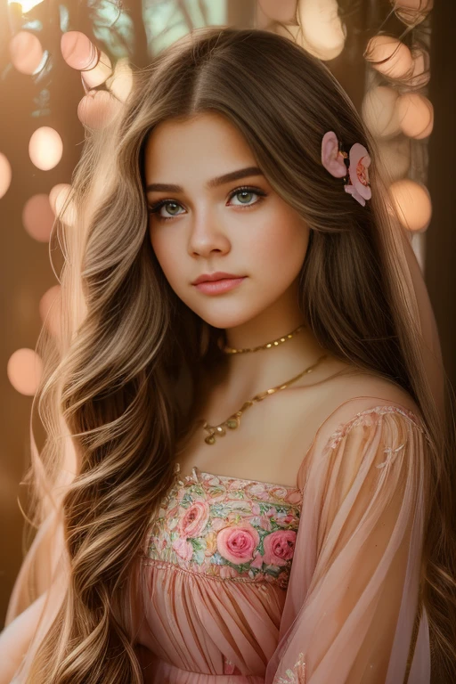 a girly girl, cute girl, 1girl, beautiful detailed eyes, beautiful detailed lips, extremely detailed eyes and face, long eyelashes, long flowing hair, adorable, pink dress, floral patterns, petals, fairy tale, fantasy, ethereal, glowing, golden hour lighting, soft lighting, pastel color palette, dreamy, whimsical, elegant, highly detailed, masterpiece, photorealistic