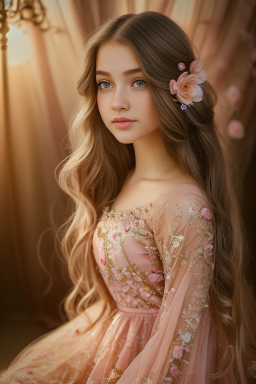 a girly girl, cute girl, 1girl, beautiful detailed eyes, beautiful detailed lips, extremely detailed eyes and face, long eyelashes, long flowing hair, adorable, pink dress, floral patterns, petals, fairy tale, fantasy, ethereal, glowing, golden hour lighting, soft lighting, pastel color palette, dreamy, whimsical, elegant, highly detailed, masterpiece, photorealistic