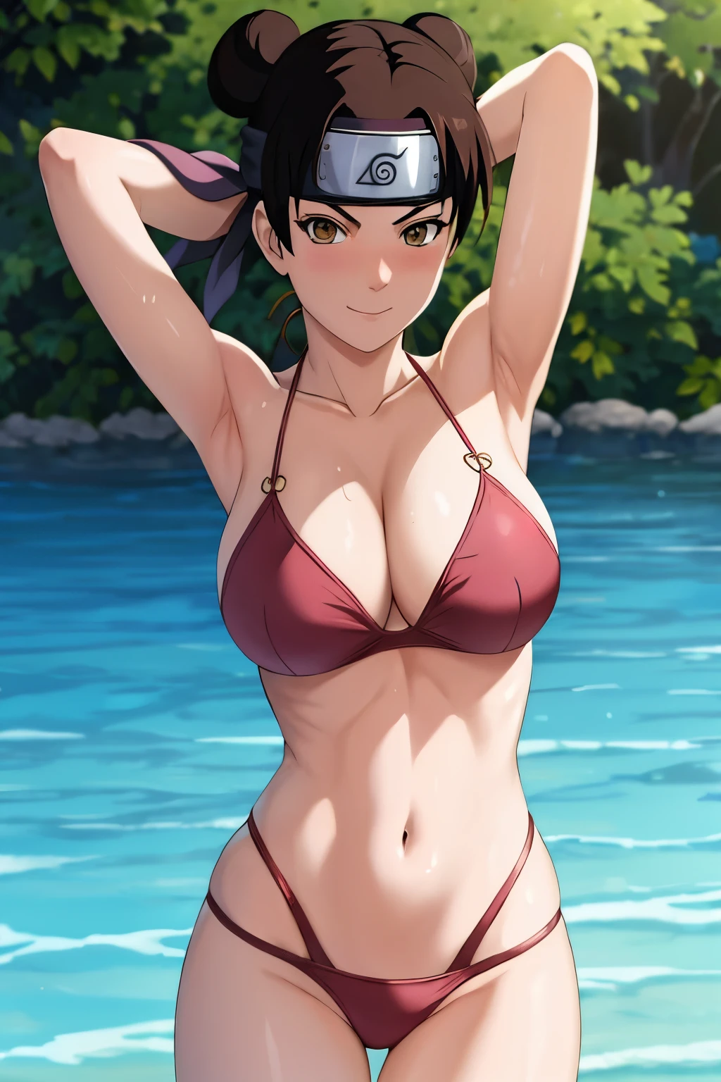 masterpiece, absurdres , (intricate details), (colorful),cinematic lighting,bust shot,extremely detailed CG unity 8k wallpaper,tenten\(shippuden\), 1girl, solo, large breasts, forehead protector, konohagakure symbol, headband, looking at viewer, poolside, (bikini), midriff, standing, smile, (blushing), hands behind head, cleavage,