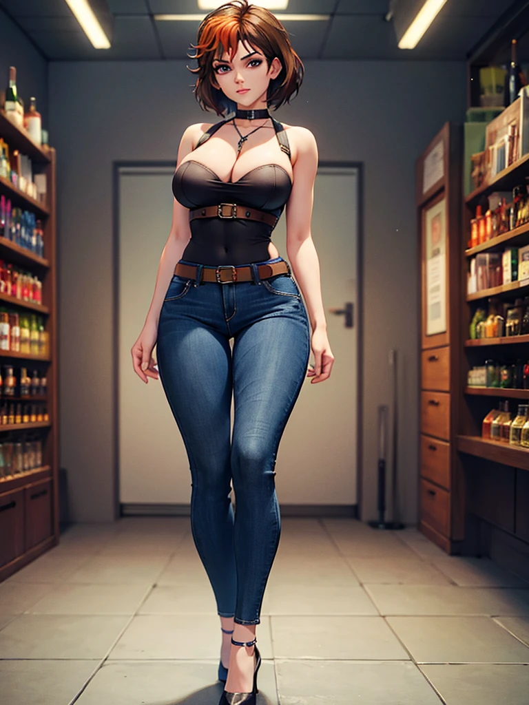 skinny waist and thick hips, merula, full body, thighs, high heels, solo girl, medium tits, jeans