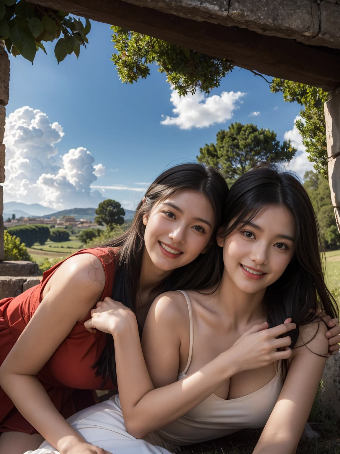 Ancient Roman landscape in the style of Nicolas Poussin,laughter,,Sweet and seductive appearance.、Caravaggio's paintings、Chiaroscuro of Caravaggio、hair tousled by the wind,Two women frolicking,cute smile, expression of ecstasy,Sexy,erotic