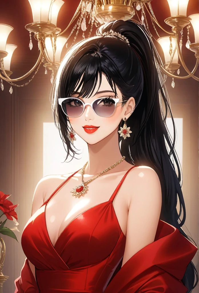 Hot sexy beautiful women , perfect body, detailed lips rings ,black hair,black eyes, wearing white sun glasses , detailed , big chandelier earrings , alluring face, smiling, necklace , red lipstick ,hair ponytail ,red flowers brochure,red gown