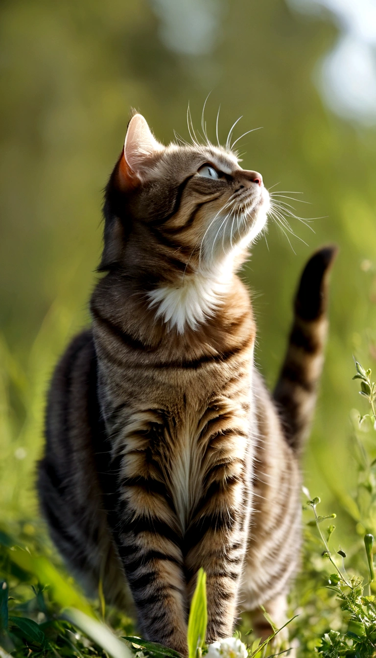 A cat standing upright and immobile in the grassland. I'm closing my eyes. A gentle breeze is blowing. It changes ever so slightly. 