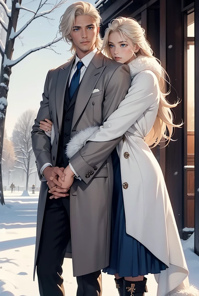 Tall, handsome, athletic, courageous, statuesque, young man-platinum blonde with blue eyes, he has tanned skin, long straight platinum hair, long bangs, he is wearing an expensive brand suit, a winter cashmere brown coat, he hugs an incredibly beautiful young femme fatale blonde with long golden hair tied with a scarlet ribbon, She has blue eyes, long bangs, she is wearing a winter dress, high boots, and a luxurious white fur coat. Romance. Winter. Park, sun, pond, love. They're holding hands. full-length image.