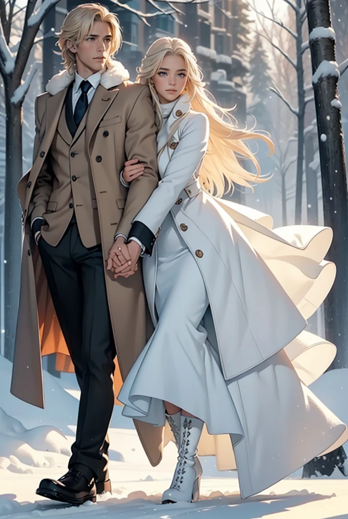 Tall, handsome, athletic, courageous, statuesque, young man-platinum blonde with blue eyes, he has tanned skin, long straight platinum hair, long bangs, he is wearing an expensive brand suit, a winter cashmere brown coat, he hugs an incredibly beautiful young femme fatale blonde with long golden hair tied with a scarlet ribbon, She has blue eyes, long bangs, she is wearing a winter dress, high boots, and a luxurious white fur coat. Romance. Winter. Park, sun, pond, love. They're holding hands. full-length image.
