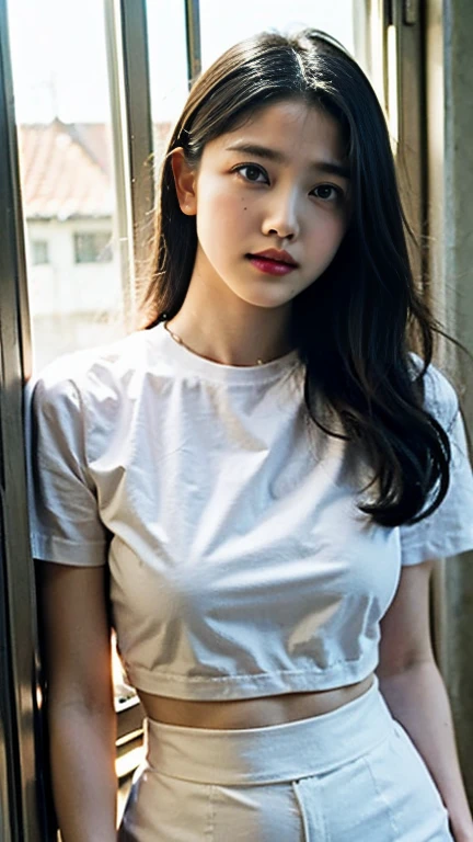 White T-shirt Big Breasts Breast bulge visible from the top of clothes