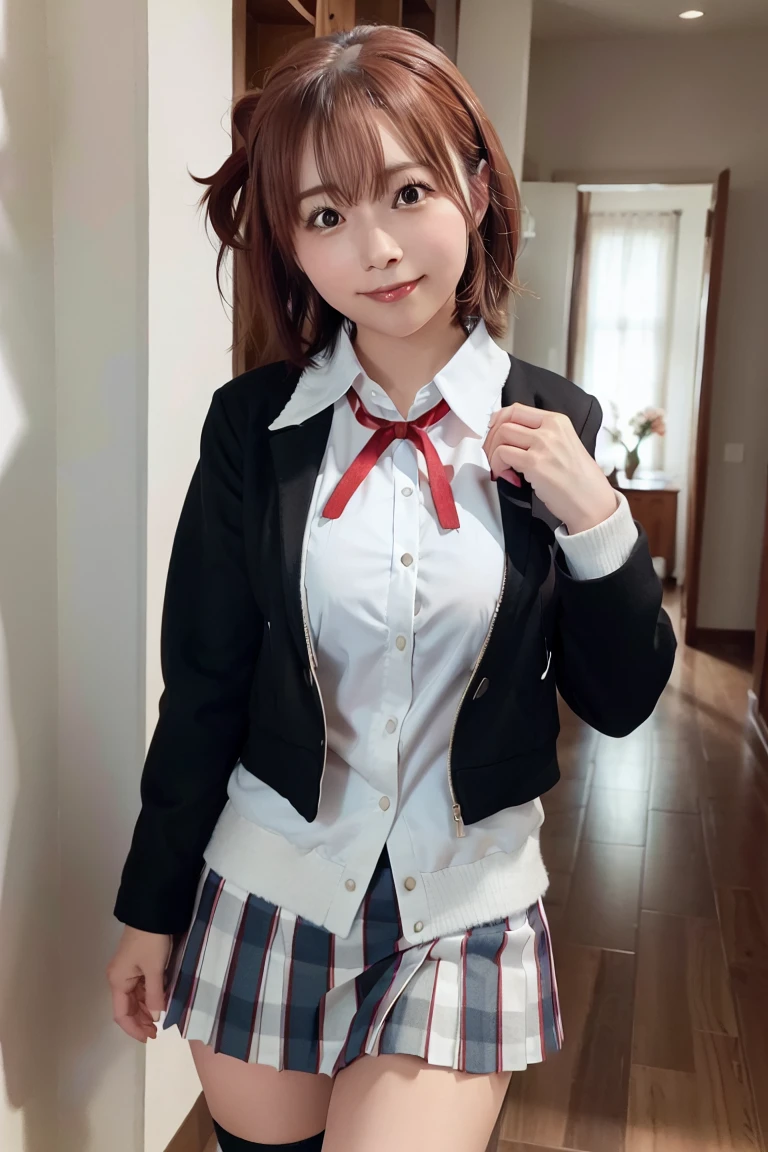 Highest quality, masterpiece, High resolution, One girl, Yuigahama Yui, , Knitted Skirt, short hair, Red ribbon, White shirt, Black jacket, Big Breasts, Are standing, smile, Education