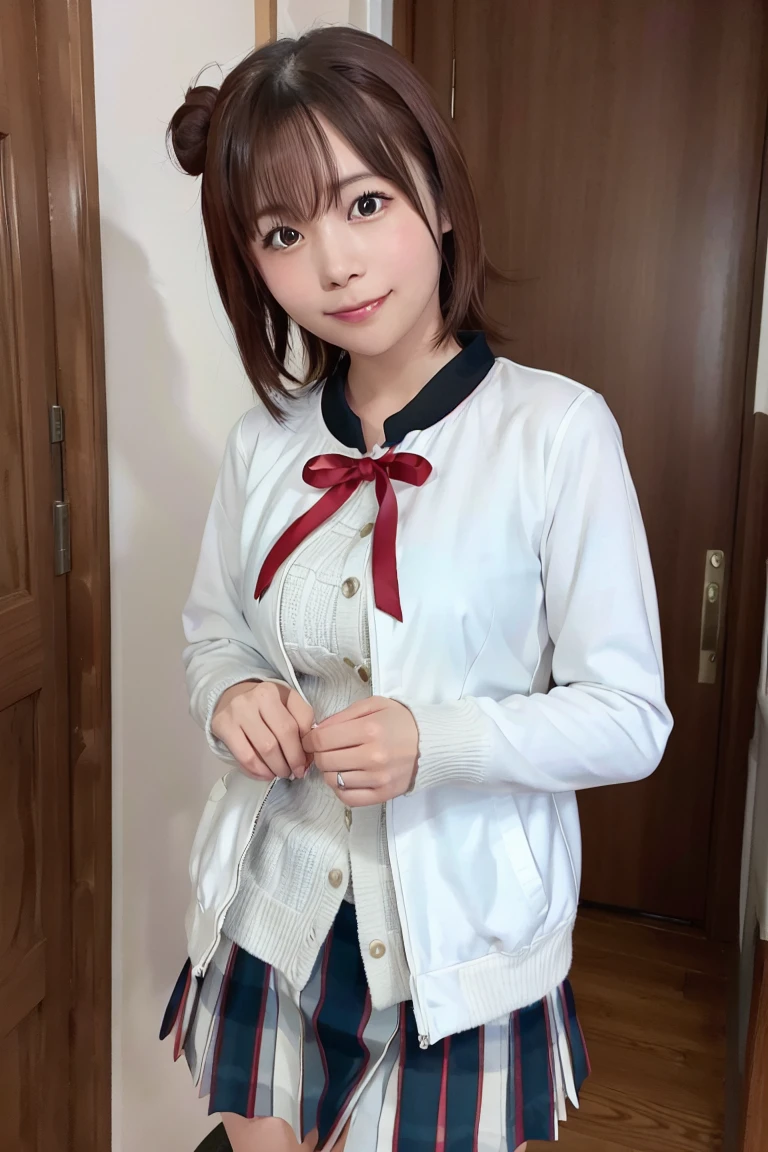 Highest quality, masterpiece, High resolution, One girl, Yuigahama Yui, , Knitted Skirt, short hair, Red ribbon, White shirt, Black jacket, Big Breasts, Are standing, smile, Education