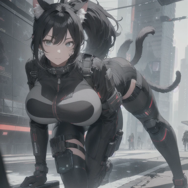 Absurd resolution, high resolution, (masterpiece: 1.4), hyper-detail, fullbody image, solo, 1 kemono feline cat woman, black hair, messy ponytail, cute face, detailed soft grey eyes, extremely large bust, huge hyper super breasts, wide full hips, narrower torso, smaller torso, full thicc soft thighs, rounded full soft butt, fullbody covering protective padding pilot utility suit, scifi padded high collar techwear jacket with triangular decals and techwear iconography, underbust utility strap, techwear gloves, wrist mounted display scifi tablet/communication device/computer, rugged tablet display mounted on MOLLE strap on top of her bust, fitted utility pants, near future scifi, cyberpunk aesthetic, anime aesthetic