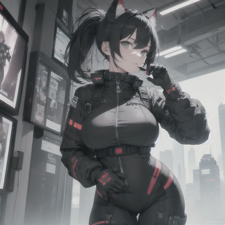 Absurd resolution, high resolution, (masterpiece: 1.4), hyper-detail, fullbody image, solo, 1 kemono feline cat woman, black hair, messy ponytail, cute face, detailed soft grey eyes, extremely large bust, huge hyper super breasts, wide full hips, narrower torso, smaller torso, full thicc soft thighs, rounded full soft butt, fullbody covering protective padding pilot utility suit, scifi padded high collar techwear jacket with triangular decals and techwear iconography, underbust utility strap, techwear gloves, wrist mounted display scifi tablet/communication device/computer, rugged tablet display mounted on MOLLE strap on top of her bust, fitted utility pants, near future scifi, cyberpunk aesthetic, anime aesthetic