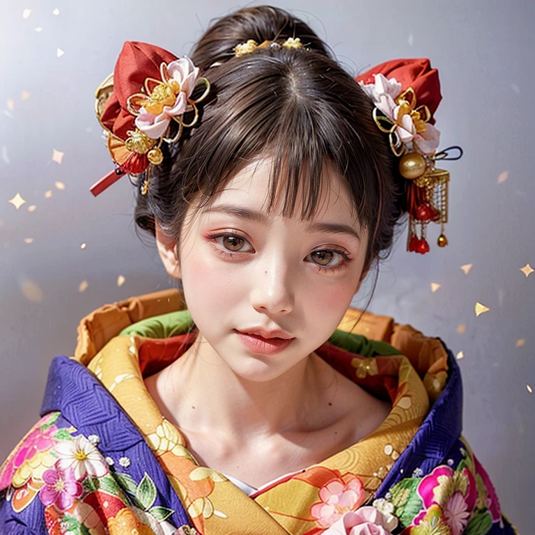 (PUNIPUNI clavicle KIMONO ((offshoulder)) KANZASHI FlowerHairpins Topknot TwinBun Oiran-Hair)High-level, 8K Masterpiece TopQuality, Ultra-detailed CG, Absurd detailed wallpaper, PerfectLighting, Extremely detailed (((Personifying " OIRAN " as a KAWAII Girl))), Characteristic Items, aesthetic LifeLike Rendering, MysticSight, Haze Tyndall Scattering, (Studio GRAY Background with (Oodles Dazzling Iridescent 🌈Particles (BokeH))), (((Assfocus)) RoundlyButt) ThighGap, (Exposed:0.44) 🔞 BREAK (Acutance:0.8), (NOGIZAKA FaceVariations) Extremely Detailed very KAWAII FaceVariations, Childish CaptivatingGaze ElaboratePupils ParfectEyes with (SparklingHighlights:1.28), (Voluminous LongEyelashes:0.88), 💄💋✨ GlossyRedLips with BeautifulDetails, CoquettishTongue, PUNIPUNI RosyCheeks, Radiant PearlSkin with Transparency, Glowing DowneyHair . { (Dynamic LifeLike expressions:1.4) | (:d) }, (large eyes:-1) .