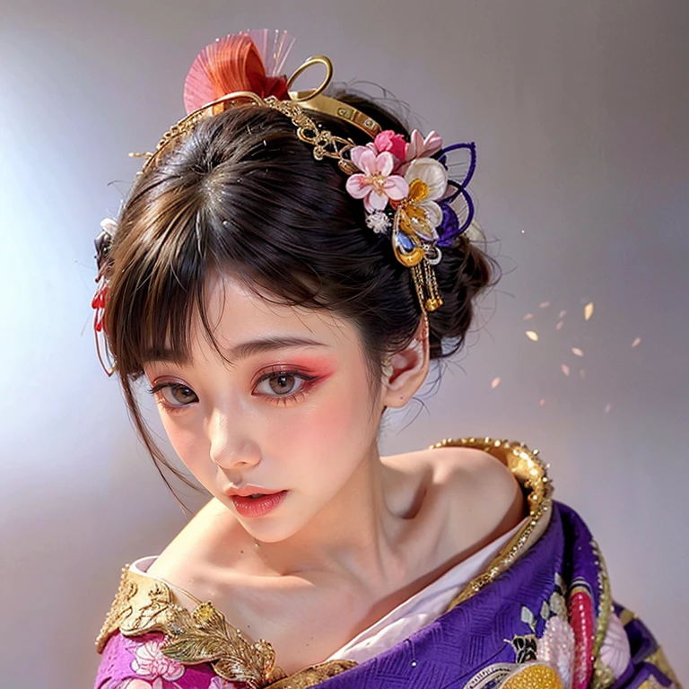 (PUNIPUNI clavicle KIMONO ((offshoulder)) KANZASHI FlowerHairpins Topknot TwinBun Oiran-Hair)High-level, 8K Masterpiece TopQuality, Ultra-detailed CG, Absurd detailed wallpaper, PerfectLighting, Extremely detailed (((Personifying " OIRAN " as a KAWAII Girl))), Characteristic Items, aesthetic LifeLike Rendering, MysticSight, Haze Tyndall Scattering, (Studio GRAY Background with (Oodles Dazzling Iridescent 🌈Particles (BokeH))), (((Assfocus)) RoundlyButt) ThighGap, (Exposed:0.44) 🔞 BREAK (Acutance:0.8), (NOGIZAKA FaceVariations) Extremely Detailed very KAWAII FaceVariations, Childish CaptivatingGaze ElaboratePupils ParfectEyes with (SparklingHighlights:1.28), (Voluminous LongEyelashes:0.88), 💄💋✨ GlossyRedLips with BeautifulDetails, CoquettishTongue, PUNIPUNI RosyCheeks, Radiant PearlSkin with Transparency, Glowing DowneyHair . { (Dynamic LifeLike expressions:1.4) | (:d) }, (large eyes:-1) .