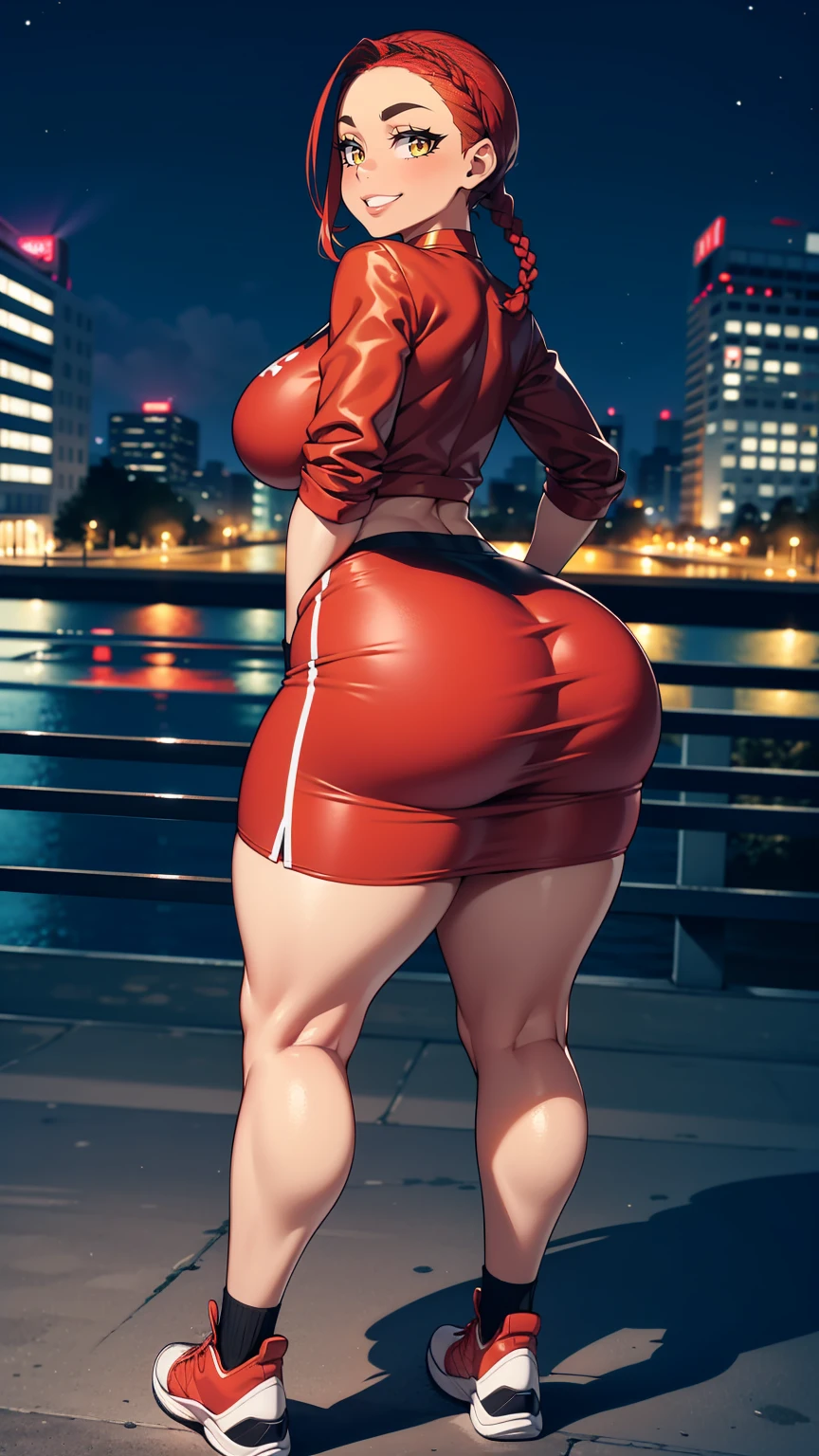 4K Quality, cute smile, black woman, cute eyebrows, over the shoulder pose, (black and red skirt), (black and red bascketball shoes), standing up, (black and red braids), (dark skinned), thick thighs, big breasted, big ass, looking at viewer, amber eyes, night time, bedroom eyes, full body, city background, perfect face, perfect body, perfect eyes,